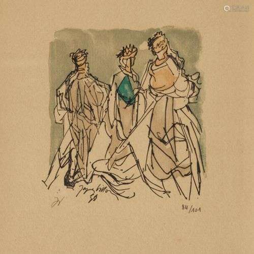 Jacques Villon (1875-1963) Trois personnages, gravure, 17x15...