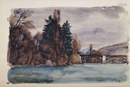 John Torcapel (1881-1965) Pont sur le Rhône, aquarelle sur p...