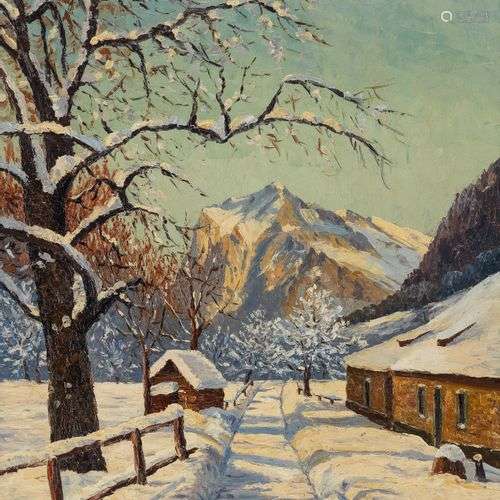 Ecole XXe Chemin dans la neige, huile sur toile, signée, 48x...