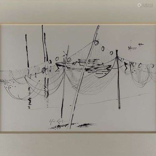 René Genis (1922-2004) Les filets Bassin d'Arcachon, encre s...