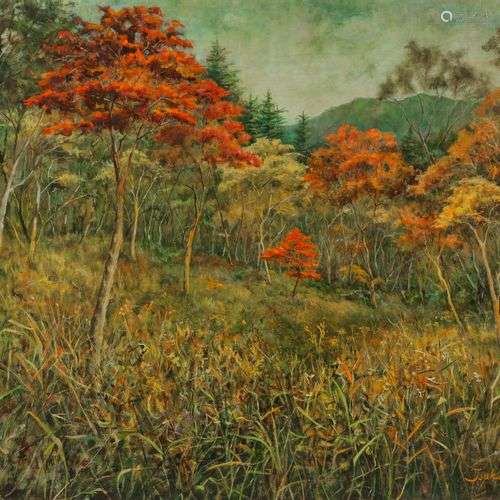 Ecole japonaise XXe s Paysage automnal, huile sur toile, sig...