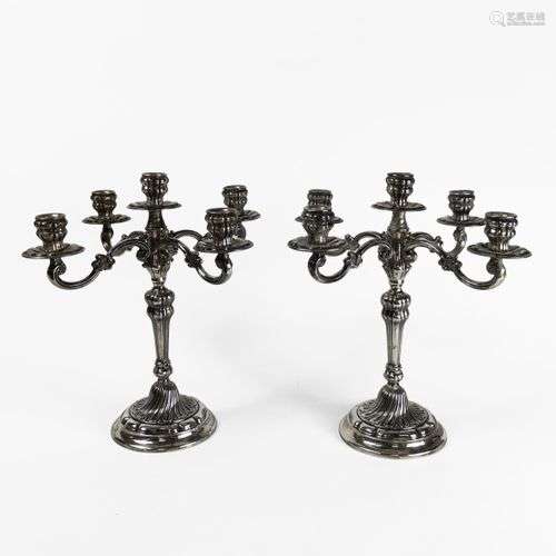 Paire de candélabres à cinq feux Argent 800, Italie, H 33 cm...