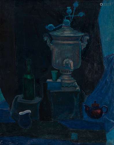 Ecole russe XXe s Nature morte au samovar, huile sur toile, ...