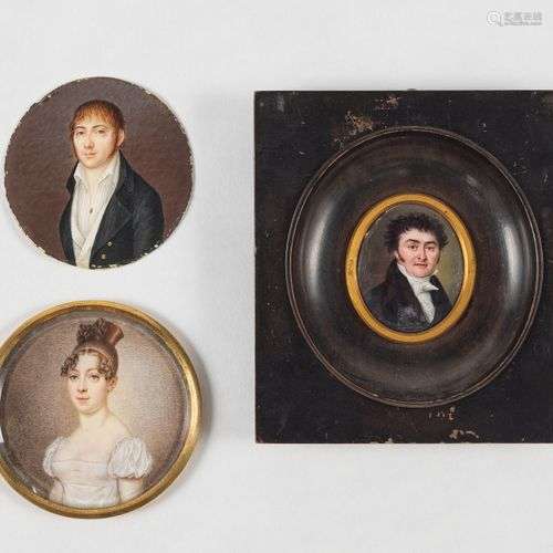 Trois miniatures, XIXe Portraits, deux sur ivoire et une sur...