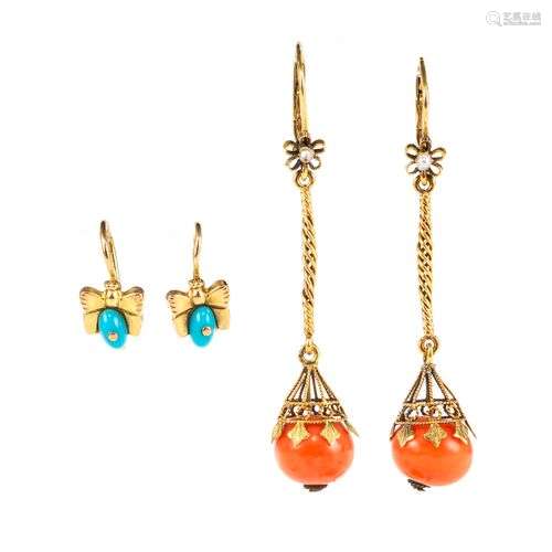 Pendants d'oreilles retenant une perle de corail Or 750, H 4...