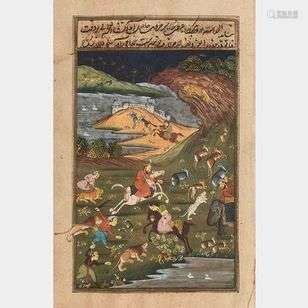 Page de livre ornée d'une miniature, Inde XIXe s Scène de ch...