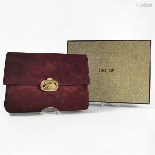 Céline, pochette à rabat Cuir velours bordeaux, fermoir doré...