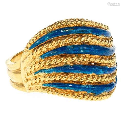 Bague godronnée rehaussée de lignes émaillées bleues Or 750,...