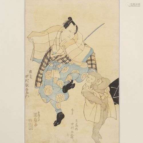 Ecole Japonaise XIXe s Samourai et sange, 36x24 cm