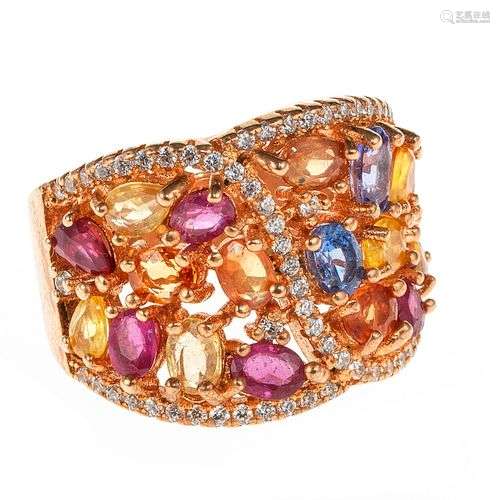 *Bague bandeau ajourée semi-pavée de saphirs multicolores et...