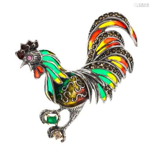 *Broche à motif de coq émaillé serti d'un diamant et d'une é...