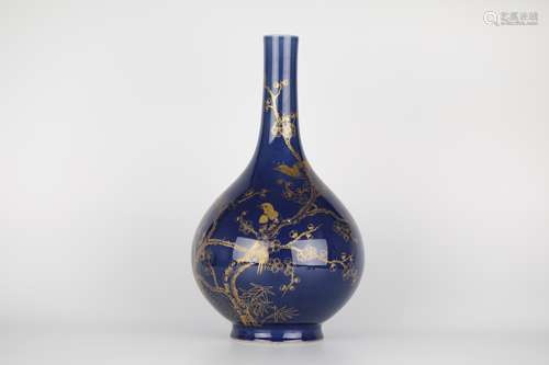 19TH,blue vase is painted in gold