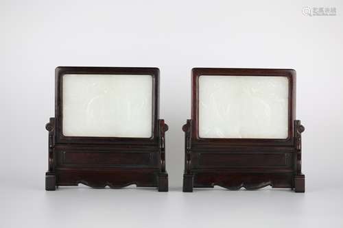 18th,A pair of Hetian white jade elephants and vase screens