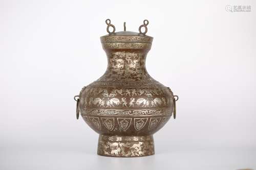 Han,Copper pot with silver inlay