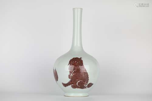 19TH A Blue and White Glazed Red Lion Appreciation Vase