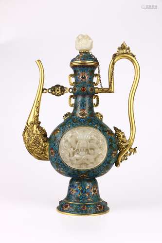 COPPER BODIED ENAMEL WINE POT