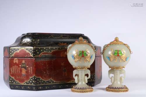 A PAIR OF HETIAN JADE AND GILT SILVER CENSERS