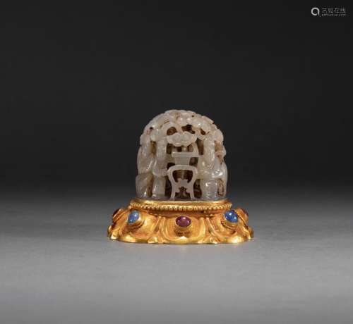 A LIAO DYNASTY GOLD GILDING INLAY JADE LID OF INSENCE BURNER