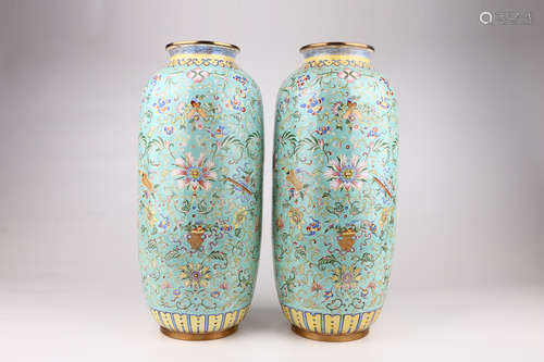 A PAIR OF COPPER BODIED ENAMEL VASE