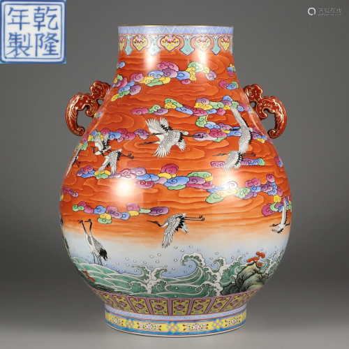 A Famille Rose Cranes Zun Vase Qing Dynasty