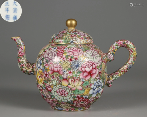 A Famille Rose Mille Fleur Teapot Qing Dynasty