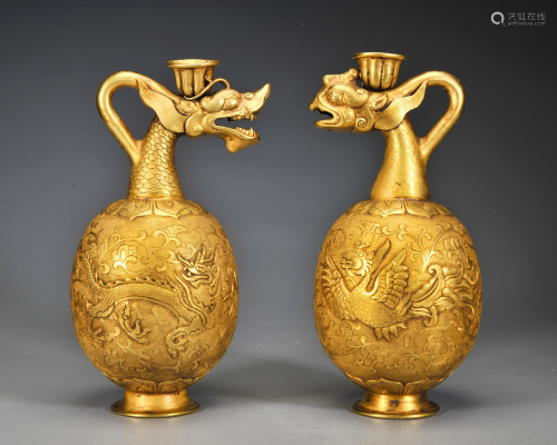 Pair Gilt-bronze Dragon Ewers Qing Dynasty