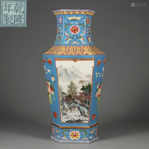 A Falangcai Landscape Hexagonal Vase Qing Dynasty