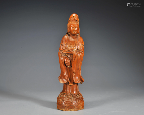 A Carved Boxwood Standing Guanyin Qing Dynasty