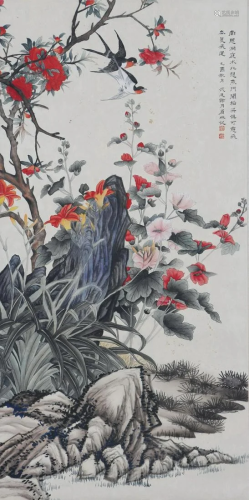A Chinese Painting of Blooms on Rock Signed Xie Yuemei