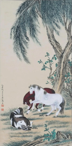 A Chinese Painting of Horses Signed Majin