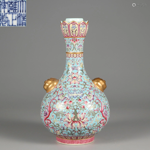 A Famille Rose and Gilt Garlic Head Vase Qing Dynasty