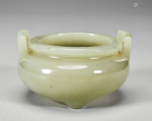 A Carved White Jade Censer with Double Handles Qing