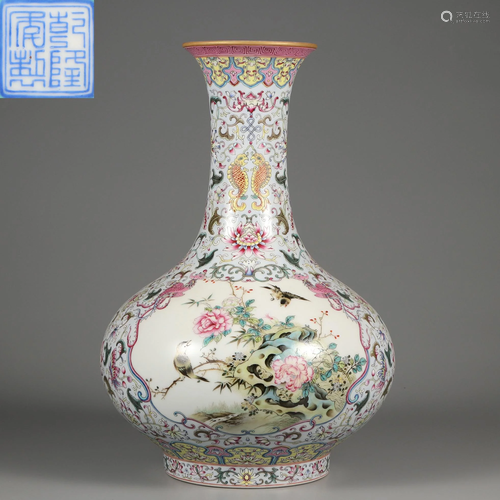 A Famille Rose Peony Decorative Vase Qing Dynasty