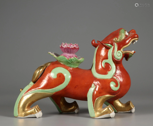 A Famille Rose and Gilt Beast Qing Dynasty