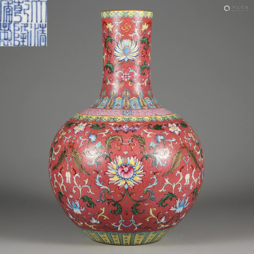 A Falangcai Lotus Scrolls Bottle Vase Qing Dynasty