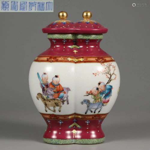 A Famille Rose Kid at Play Twin Vase Qing Dynasty