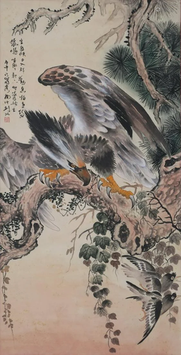 A Chinese Painting of Falcon on Pine Signed Gao Jianfu