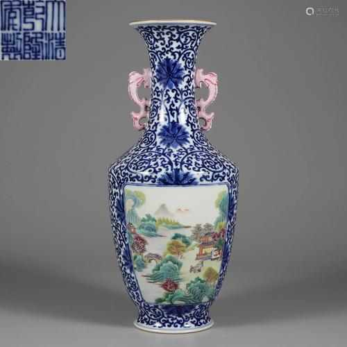 A Famille Rose and Underglaze Landscape Vase Qing