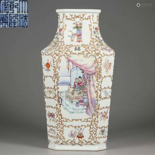 A Famille Rose and Gilt Octangular Vase Qing Dynasty