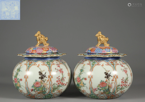 Pair Famille Rose Jar and Cover Qing Dynasty