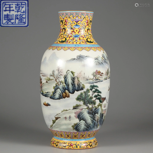 A Famille Rose Landscape Vase Qing Dynasty