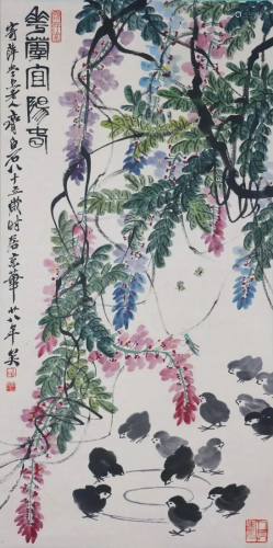 A Chinese Painting of Chickens with Wisteria
