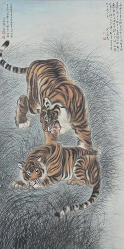 A Chinese Painting of Double Tigers Signed Zhang Shanzi