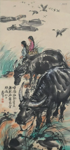 A Chinese Painting of Kid with Buffalo Signed Huangzhou