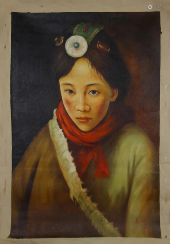 CHINESE OIL PAINTING OF A LADY, XU BEIHONG