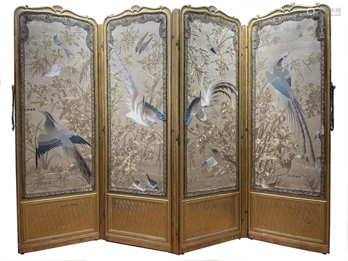 SILK EMBROIDERY 'BIRD AND FLOWER' FOLDING SCREEN