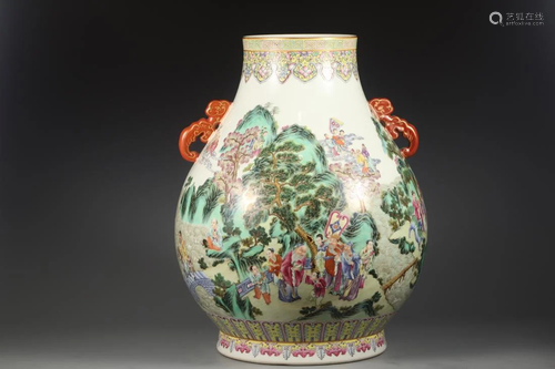 FAMILLE ROSE 'NARRATIVE' DOUBLE-EAR ZUN VASE