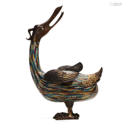 A CLOISONNE ENAMEL BRONZE 'DUCK' INCENSE BURNER