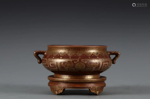 PERSIMMON RED GLAZED GOLD PAINTED INCENSE BURNER