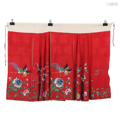 A RED-GROUND EMBROIDERED FLORAL SKIRT